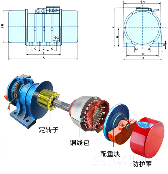 YZS振動(dòng)電機(jī)內(nèi)部主要部件：定轉(zhuǎn)子，銅線包，配重塊，防護(hù)罩。